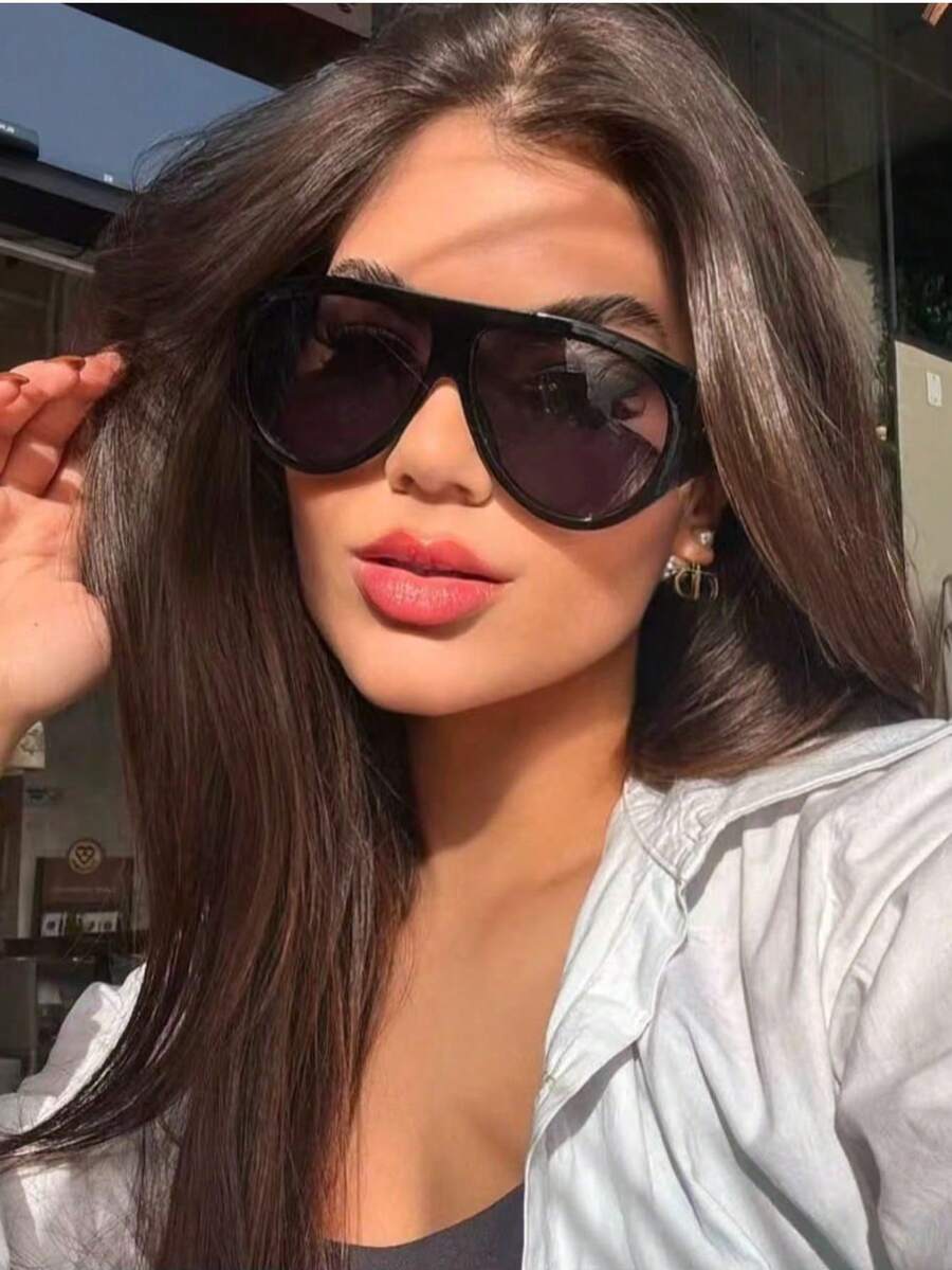 1 Piece European And American Style Stylish Oversized Sunglasses, Fashion Street Style Protective Eyewear Accessories For Summer, Vacation, Travel, Beach In Shield Shape - Đen tinh khiết - Xem 1
