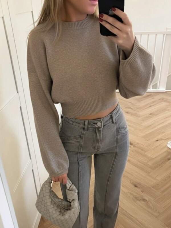 Women's Ribbed Knit Cropped Pullover Sweater, Long Sleeve, Knitted Fabric With Moderate Stretch, Top