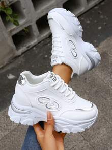 Plus Size Women's 35-42 Spring/Autumn New Chunky Sneakers, Mesh Breathable Platform High-Top Casual Shoes, Lightweight Versatile Fashion Sneakers, Lace-Up, White, Gold, Silver, Green, Casual Running Shoes