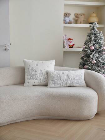 1 st. broderat örngott med julgran, tall och snögubbe, heminredning lämplig för soffa, vardagsrum, sovrum, fest och olika miljöer, höst/vinter