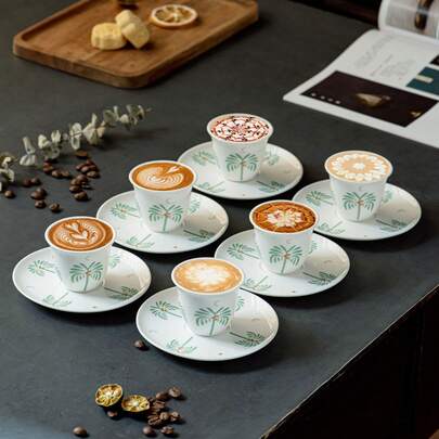 Set Of 6 Mini Saudi Arabic Style Ceramic Palm Cup And Plate, Elegant Gahwa Coffee Set, Espresso Cup Set For Wedding, Festival, Afternoon Tea And Gift Giving