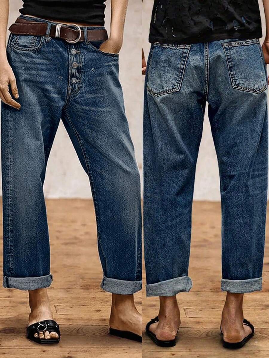 Women's Vintage Button Front Pocketed Loose Straight Leg Jeans For All Seasons - Rửa tối - Xem 1
