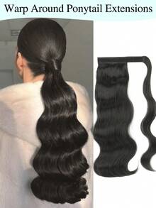 环绕式马尾辫，自然长波浪马尾辫接发，18英寸耐热合成自然波浪假发，环绕式马尾辫接发，适合女性日常使用 - 彩色 - 查看 12