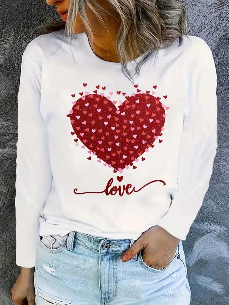 Camiseta de manga larga con patrón de corazón rojo - Blanco - Ver 1