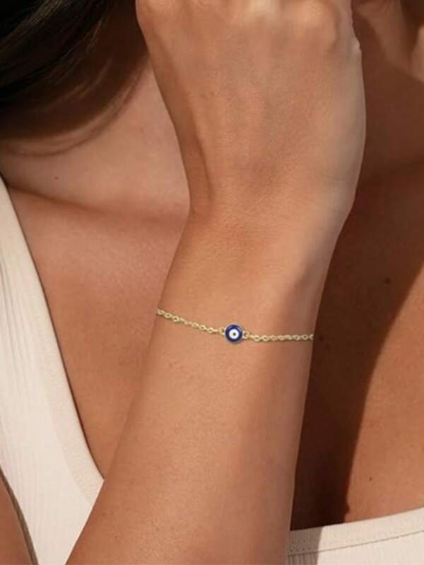 2 Packs Evil Eye Bracelets Layered Stackable Stainless Steel Chain Non Tarnish Attractive Jewelry