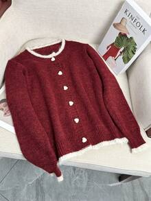 Wixra 2025 Autumn New Design Colorblock Heart Button Knit Cardigan, Versatile Women Sweater Jacket - Red - View 2