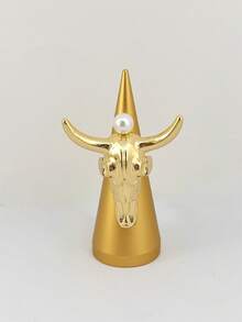 1 件时尚金色/银色牛头和角珍珠铜镀金开口戒指，适合男女日常和派对佩戴 - 大牛頭戒指 - 查看 7