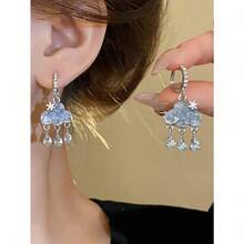 1 Pair Unique Designed Blue Rhinestone Cloud Tassel Drop Earrings, Gorgeous - Bạc - Xem 1