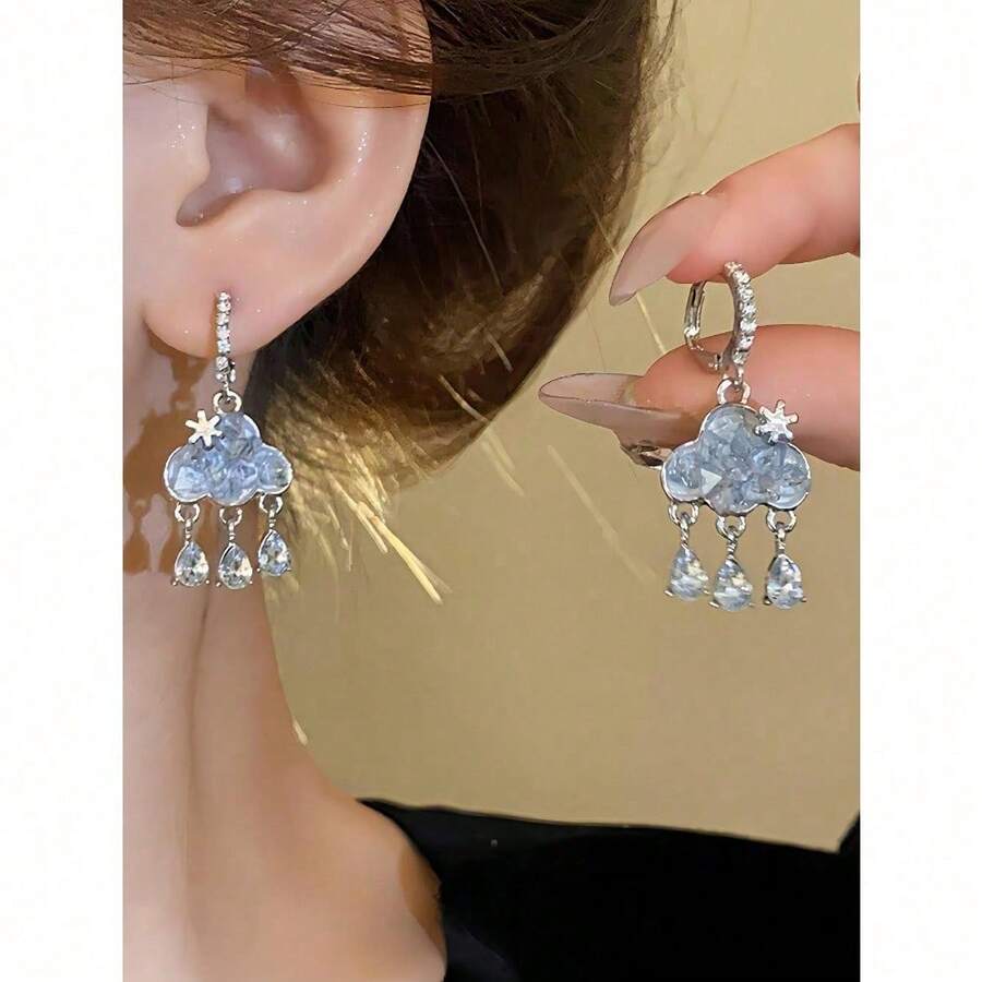 1 Pair Unique Designed Blue Rhinestone Cloud Tassel Drop Earrings, Gorgeous - Bạc - Xem 1