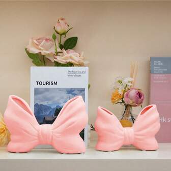 مزهرية خزفية وردية بشكل فيونكة، مناسبة لديكور غرفة المعيشة، طاولة الطعام، مكتب، رف غرفة النوم، مدخل المنزل، طاولة الاستقبال، ديكور المنزل، مزهرية للزهور، قطعة مركزية، ديكور الطاولة