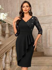 MIUSOL Klassisches Cocktailkleid mit V-Ausschnitt, Pailletten, Blumenspitze, Rüschenkragen, 3/4-Ärmeln und figurbetontem Schnitt