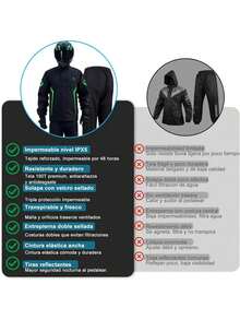 Impermeable Motociclista Hombre y Mujer, Chamarra para Motociclista Hombre y Pantalón Impermeable, con Reflejos, Entrepierna Amplia, Transpirable, Comodidad y Duradero - Negro - Ver 7