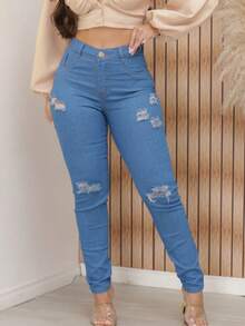 Women's Skinny High Waist Jeans With Lycra Basic Butt Lift Effect - Light Wash Ripped - View 7