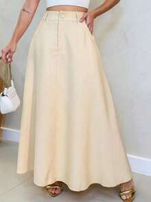 Elegant Long Tailored Evangelical Skirt For Women With Belt, Flared Social Model - 米色 - 查看 5