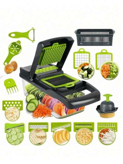 Picadora de verduras, Rallador Cortador, con 5 cuchillas de acero inoxidable, cortador de verduras 16 en 1 con contenedor, cortador, ideal para frutas, verduras y ensaladas