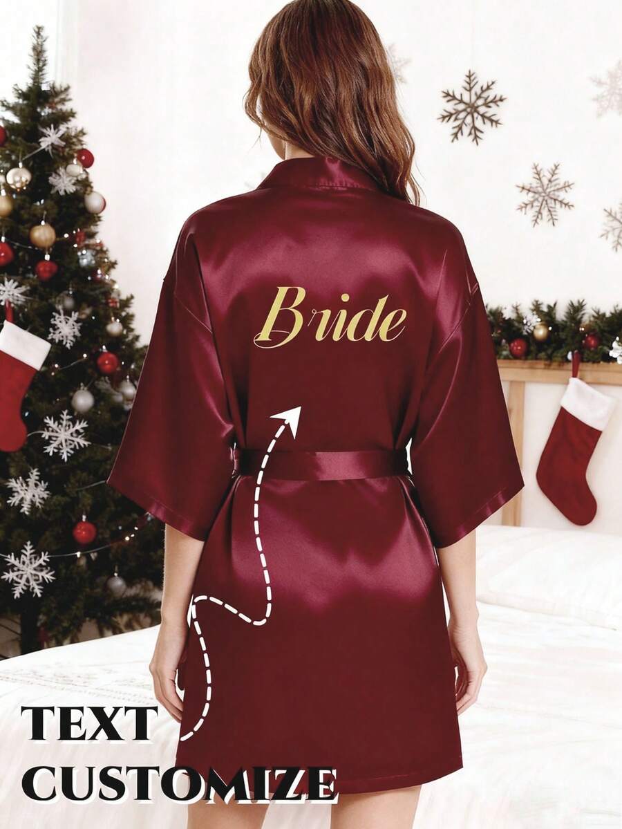 Women's Customizable Pattern Long Robe, 3/4 Sleeve, Lightweight & Breathable, Sexy Short Loungewear, Casual Kimono Style, Elegant & Soft, Shiny & Cute, Thin Printed Pajamas, Suitable For Valentine's Day, Halloween, Anniversary, Autumn/Winter