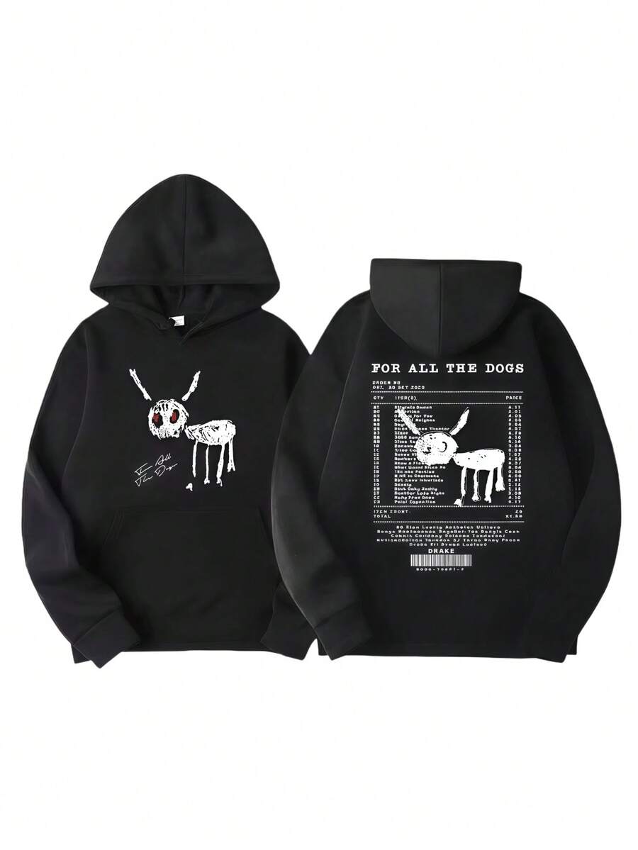 Rapper Drake For All The Dogs Letter Hoodie Men's Hip Hop Vintage Pullovers Sweatshirt Fashion Retro Oversized Hooded Streetwear (3) - 黑色 - 查看 1