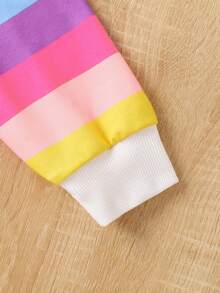 Girls' Rainbow Striped 3D Embellished Hooded Long Sleeve Knee-Length Sweatshirt Dress, Suitable For Spring/Autumn Holidays, Outdoor Activities, And Everyday Wear - Pink - View 6