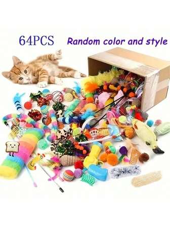 64pcs/48pcs/32pcs/16pcs Mixed Cat Toy Set - Variety Of Colorful Plastic Toys, Suitable For Multiple Cats, Keeps Them Entertained Daily, Cat Toy Assortment Gift Pack, Cat Teaser Toys