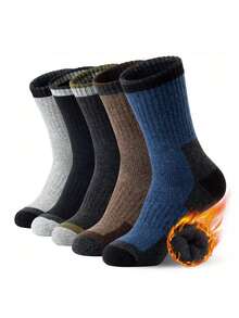 5 Pairs Men's Thick Wool Blend Socks, Warm Thermal Tall Socks With Color Blocking, Suitable For Autumn/Winter