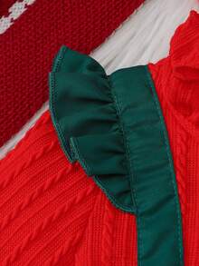 2 Stück Baby Mädchen Weihnachts-Outfits: Rot gestrickter Jacquard Rüschenkragen bestickter Buchstaben Langarm-Oberteil kombiniert mit grünem Schleifen-Weihnachts-Muster 2-in-1 Trägerkleid, mit rotem Jacquard-Stirnband, Frühling/Herbst