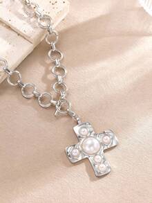 Hammered Bold Cross Necklace Thick Chain Set For Women Men Chunky Golden Silvery Statement Pendant Necklace Vintage Chain Pendant Jewelry - Silver - View 9