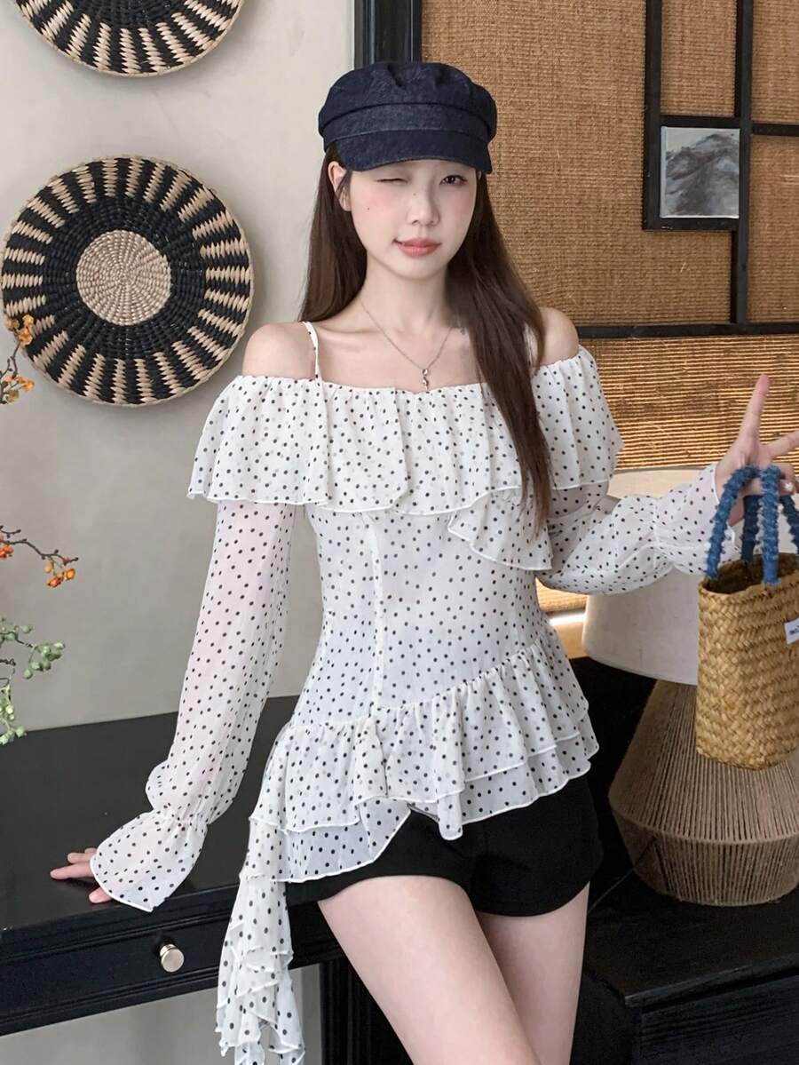 秋季女士波尔卡圆点不对称露肩衬衫，法式复古荷叶边露肩长袖衬衫 - 白色 - 查看 1