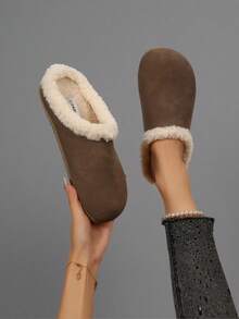 Pantuflas planas sin cordones para mujer, cálidas y mullidas con puntera redonda, aptas para uso diario y en interiores en otoño/invierno - Caqui - Ver 3
