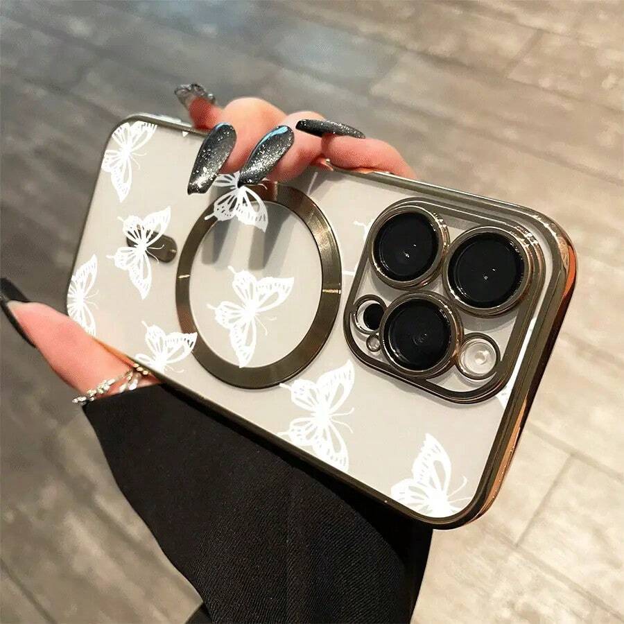 Teléfono blanco con lente integral, acabado electrochapado magnético, compatible con carga inalámbrica magnética y compatible con phone 16 Pro Max, 16, 15 Pro, 14, 14 Plus/14 Pro Max, 13, 13 Pro, 12 Pro, 11/11 Pro y la serie Pro. Es un excelente teléfono para amigos, cumpleaños y festividades. - Dorado - Ver 1