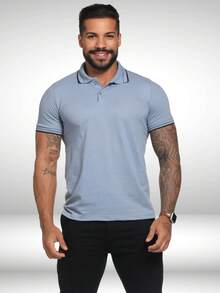 Basic Polo Shirt With Classic Collar And Short Sleeves, Comfortable, Breathable, Piqué Cotton, Casual, Spring/Summer, Men's. - 淺藍色 - 查看 2