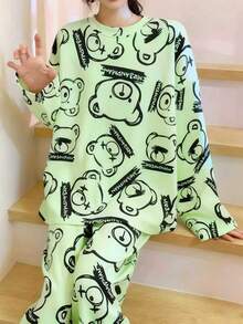 AICJ 两件套女士卡通熊印花休闲睡衣套装，长袖圆领上衣和长裤，舒适宽松版型，适合春、秋、冬家居服穿着。 - 綠色 - 查看 4