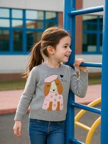 Suéter para niña de manga larga calientito, tejido suave y cómodo, con adorable diseño de perrito, brillantes decorativos y detalles coloridos. Ideal para días fríos, fácil de combinar con jeans o faldas y perfecto para lucir con estilo y alegría en cualquier ocasión. - Gris - Ver 3