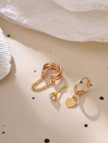 Tkool 3pcs/Set Heart Shaped Copper Alloy Ear Cuff Earrings, Simple Design Earring Set For Women - Yellow Gold - View 6