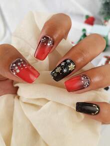 1pc Christmas-Style Self-Adhesive Full-Coverage Nail Sticker, With Golden Elk Snowflake Shiny Patterns, Perfect Christmas DIY Nail Styling