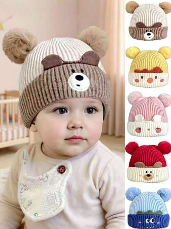 1pc Kids Knitted Hat, Double Pom-Pom Animal Baby Knitted Hat, Cute Pom-Pom Beanie For Babies Autumn/Winter, Warm Knitted Knitted Cap With Earflaps For Infant Boys/Girls, Suitable For Children Accessories, Outdoor Wear, Baby Supplies, Christmas Kids, Baby Hat, Girls Hat, Children Products, Cap, Winter Hat, Winter Hat For Kids, Baby Girl Hat, Baby Boy Hat