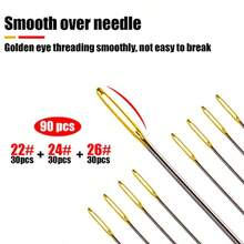 90 agujas de punto de cruz + 1 enhebrador de agujas de acero inoxidable color dorado ojos grandes punto de cruz agujas de mano agujas de coser en caja transparente tamaño 22 # 24 # 26 # - dorado - Ver 3