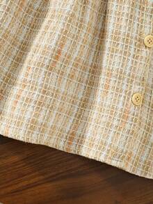 Girls' Clothing Autumn And Winter New Item, Woolen Contrasting Color Plaid Ruffle Edge Decorative Buckle A-Line Ladylike Style Dress - Màu be - Xem 6