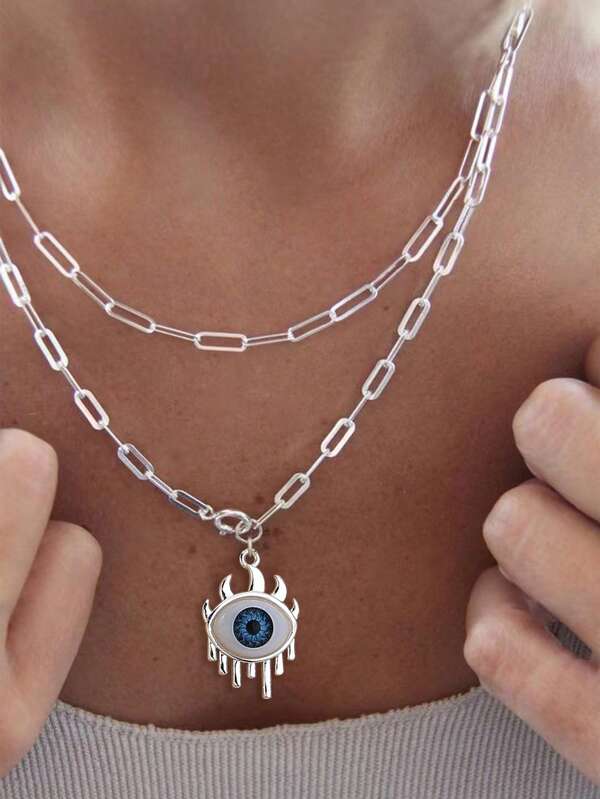 2pcs Minimalist Devil's Eye Pendant Necklace, Geometric Double Layer Choker Necklace For Women