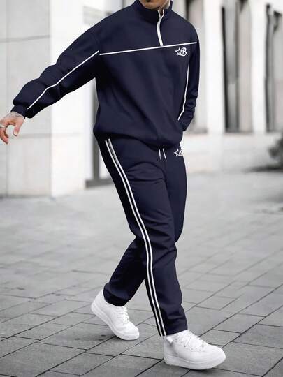 Men's Business Casual Five-Pointed Star Print Zip-Up Sweatshirt And Pants Set, Fall Clothes