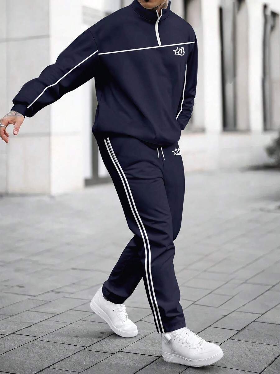 Men's Business Casual Five-Pointed Star Print Zip-Up Sweatshirt And Pants Set, Fall Clothes