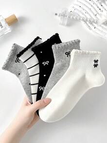 5 Pairs Women's Cute Breathable Striped Bow Polka Dot Pattern Short Invisible Socks, Ankle Socks Crew Socks, White Socks, Black Socks For Daily & Casual Wear, Suitable For Fall&Winter, For All Seasons