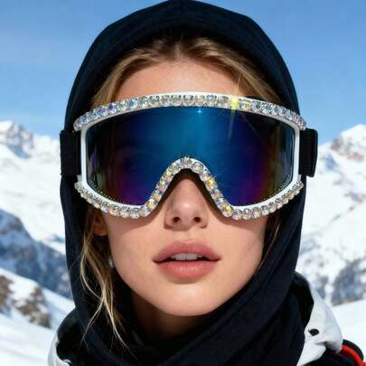 1pc New Outdoor Goggles Bicycle Motorcycle Windproof Anti-Fog Anti-Dust Fashion Rhinestone Large Frame Goggles, New Personalized Rhinestone Ski Goggles, Windproof Goggles, Colorful Goggles, Outdoor Chain Motorcycle Anti-Wind Ski Goggles, Cyberpunk Precision-Made Integrated Ski Goggles, Luxury Rhinestone Goggles, Mountaineering Anti-Sand Anti-Dust Cycling Glasses, Large Frame Foam Silicone Ski Goggles