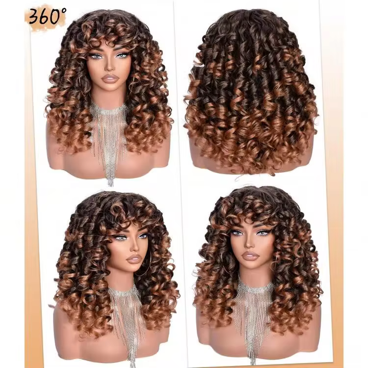 18-Inch Synthetic Curly Wig With Bangs, Fluffy Christmas Wig For Women, Heat Resistant Cosplay Wig - Brown Ombre - View 3