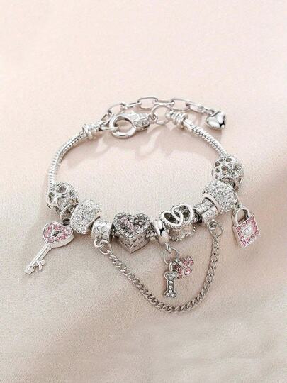 1 European And American Fashionable Multifunctional Bracelet With Key Lock And Heart-Shaped Diamond Bead Pendant, Suitable For Teenagers To Give As A Gift To Good Friends