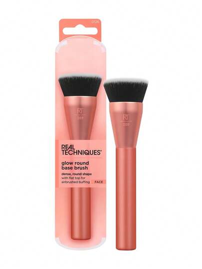  Real Techniques Glow rund sminkborste, för flytande och krämiga smink, foundationborste med platt topp för att polera och blanda upp täckning, täta syntetiska borst, vegansk och djurfri, foundationborste, concealerborste, rougeborste, konturborste, rougeborste, bronzerborste, puderborste, foundationborste, rougeborste