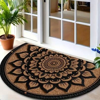 1pc Mandala Pattern Semi-Circle Entryway Mat, Black & Brown Mandala Design Half-Round Doormat, Welcome Mat, Carpet, Rug, Outdoor Doormat, Kitchen Rug, Home Decor, Front Door Mat, Area Rug, Outdoor Mat, Home Decor, Area Carpet, Garden Rug, Plush Rug, Autumn/Winter Carpet, Washable Rug