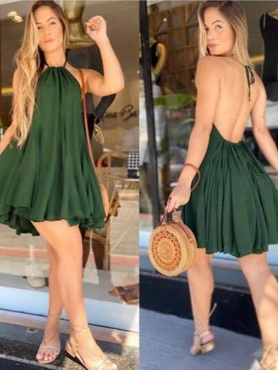 Vestido Curto Com Costas Nuas Simples Elegante Moda Praia