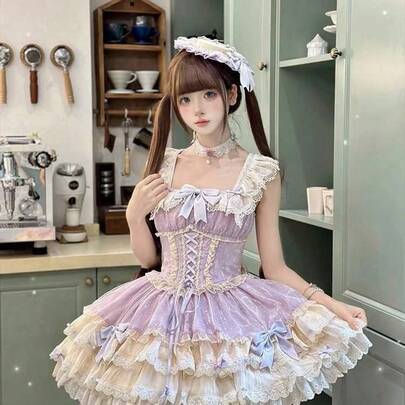 リトルフーバタフライブルーグリーンパープルロリータフレンチかわいいエレガントバレエスタイルケーキスカート犬ショートドレスロリータコットン
