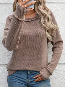 Women's Ribbed Knit Dropped Shoulder Long Sleeve Top, Crew Neck Solid Color Pullover Sweater, Casual Versatile Long Sleeve Shirt For Autumn/Winter, Suitable For Daily/Commute Wear