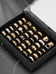 10/20/40/60件套不锈钢罗马浮雕哑光戒指，男女通用，适合日常佩戴和节日装饰，款式和尺寸随机。